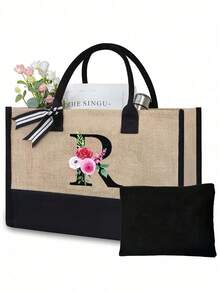 Juego de bolsas de lona con iniciales florales negras de la A a la Z, incluye bolsa de almacenamiento de maquillaje, bolsa de regalo personalizada, adecuada para boda, cumpleaños, playa, vacaciones, escuela, es un gran regalo para mujeres, mamá, maestros, amigos, damas de honor, estudiantes, bolsa grande, artículos de primera necesidad, regalos perfectos para vacaciones, cumpleaños, Acción de Gracias, Pascua, Navidad