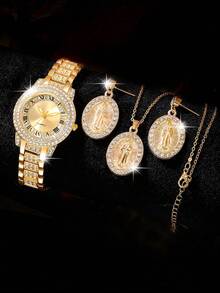 1 Bộ đồng hồ nữ sang trọng đính đá Rhinestone toàn bộ mặt số La Mã thạch anh và mặt dây chuyền hình Đức Mẹ Guadalupe, bộ trang sức hoa tai phù hợp để đeo hàng ngày, mùa tựu trường, mùa tốt nghiệp, lễ Tạ ơn, các cặp đôi, quà tặng tuyệt vời nhất (không bao gồm hộp đựng đồng hồ) - Vàng - Xem 7