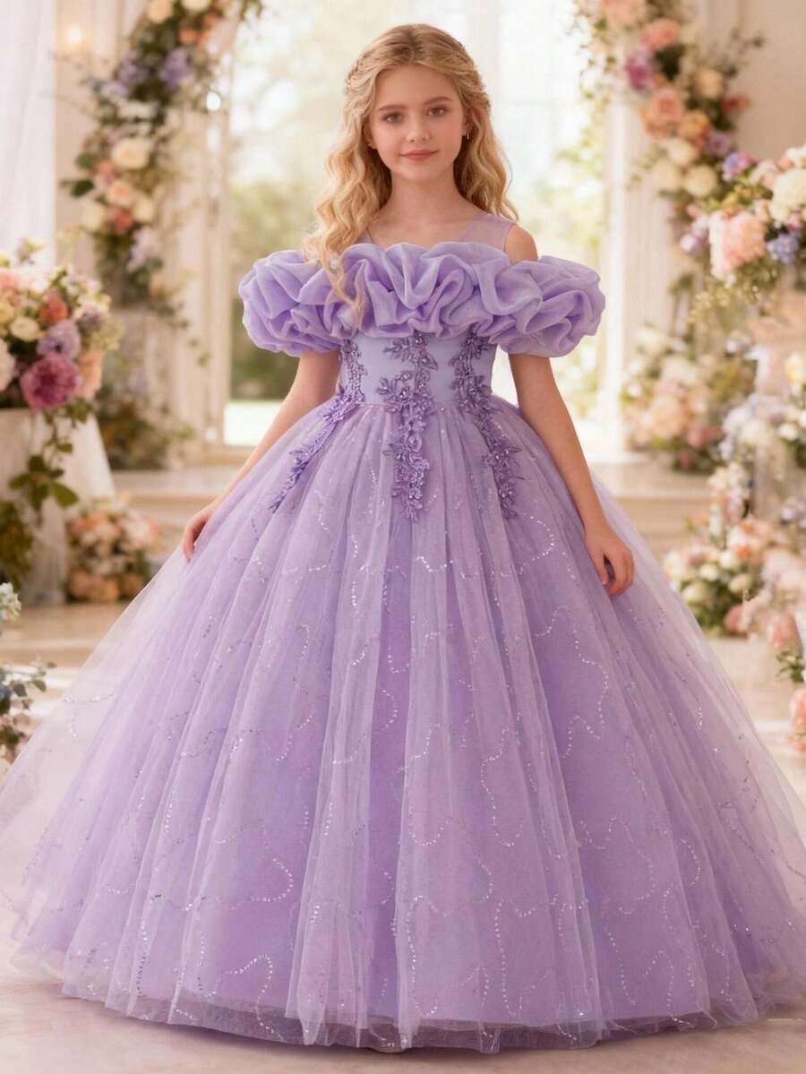 Tween Girls Ruched Open Shoulder Pink Party Dress With 3D Floral Embroidery, Elegant Birthday Party, Wedding, Graduation Ceremony Dress For Children - Purple - View 1