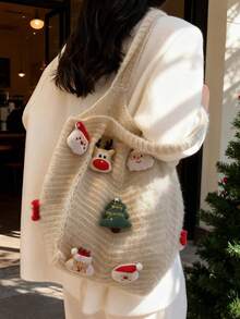 Świąteczna dzianinowa torba na ramię – beżowa, puchata torba z ozdobami Świętego Mikołaja i renifera, duża, swobodna torebka świąteczna dla kobiet - Biały - Zobacz 1