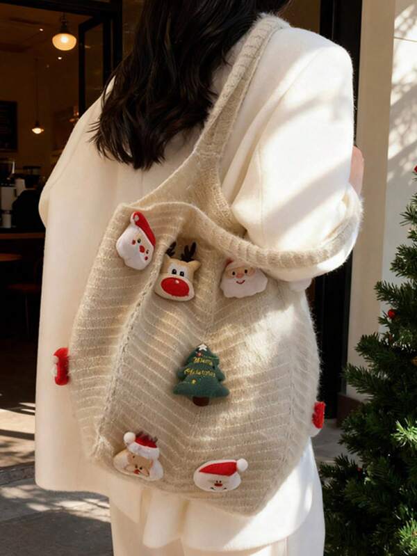 Borsa a spalla lavorata a maglia per Natale - Borsa a tracolla beige morbida con decorazioni di Babbo Natale e renne, borsa casual grande per le feste per le donne