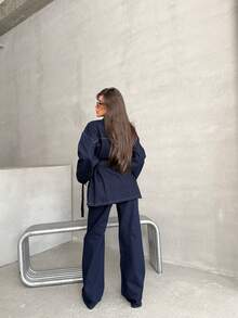 Women's Casual Black Plain Jacket And Pants Two Pieces Set With Shirt Collar And Pockets Non-Stretch Fabric Trousers - Navy Blue - View 5