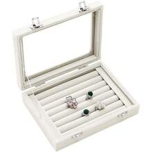 Jewelry Box Rings Organizer Tray 7 Slots Velvet Jewelry Earring Storage Box With Transparent Lid Jewelry Display Case For FFgirls Women (Beige){Inchcolor_nameinch:InchBeigeinch} - 米色 - 查看 4
