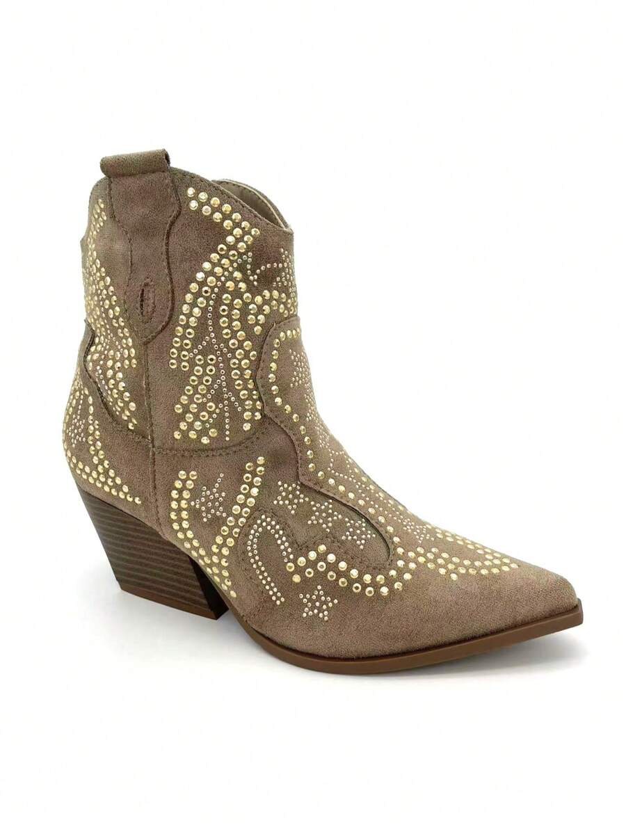 Women's Western Style Rhinestone Embellished Mid-Calf Boots - Khaki - View 1