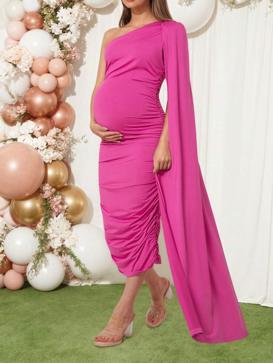 Maternity Dress With Shoulder Shawl, Pink, Suitable For Baby Shower, High Elasticity And Comfort - Hot Pink - View 1