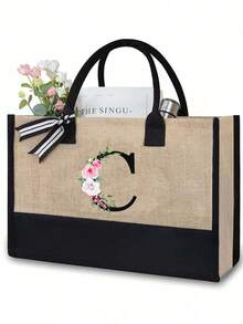 Juego de bolsas de lona con iniciales florales negras de la A a la Z, incluye bolsa de almacenamiento de maquillaje, bolsa de regalo personalizada, adecuada para boda, cumpleaños, playa, vacaciones, escuela, es un gran regalo para mujeres, mamá, maestros, amigos, damas de honor, estudiantes, bolsa grande, artículos de primera necesidad, regalos perfectos para vacaciones, cumpleaños, Acción de Gracias, Pascua, Navidad