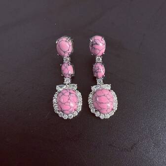 1 Pair Rhinestone Inlaid Round Turquoise Stud Earrings, Suitable For Women's Daily Wear