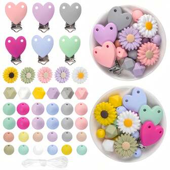 6/25 st hjärtklämmor och prästkrage silikonpärlor blandat set, med blommiga fokala runda hexagonala distanspärlor för gör-det-själv smyckestillverkning, nyckelringar, ID-snodd, komplett hantverkskit present till kvinnor flickor