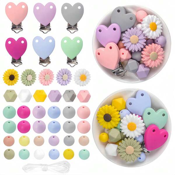 Zestaw 6/25 klipsów w kształcie serca i silikonowych koralików w kształcie stokrotek, z okrągłymi, sześciokątnymi koralikami dystansowymi z motywem kwiatowym, do samodzielnego tworzenia biżuterii, breloków, smyczy identyfikacyjnych, kompletny zestaw do rękodzieła, prezent dla kobiet i dziewcząt