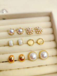 6 Pairs Unique Pearl Earrings, Luxury Vintage Enamel Cat Eye & Heart Shaped Stud Earrings