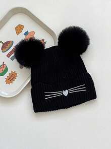 1 pezzo Berretto lavorato a maglia per bambini di colore unito con doppio pompon - Disegno a baffi di gatto e a cuore per bambini e bambine, cappello termico foderato per avventure all'aperto, attività scolastiche, feste, foto di famiglia e divertimento al parco giochi - 1PC - Visualizzare 5