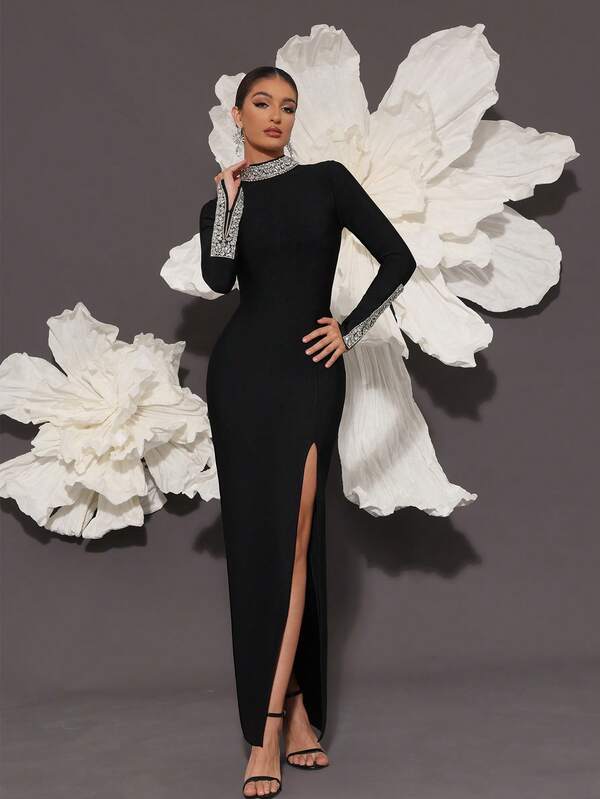 Handmade Rhinestone Embellished Knit Bandage Long Sleeve Bodycon Dress, Luxury Sexy Fitted Split Hem, Suitable For Family Gatherings, Parties, Galas, Formal Occasions
