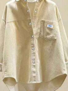 大码女式时尚灯芯绒衬衫，长袖，领子，正面纽扣，落肩，不对称下摆 - 杏色 - 查看 5