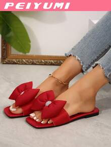 PEIYUMI Women's Bow Decor Slippers, Fashionable Summer Flat Sandals Valentines - Red - View 4