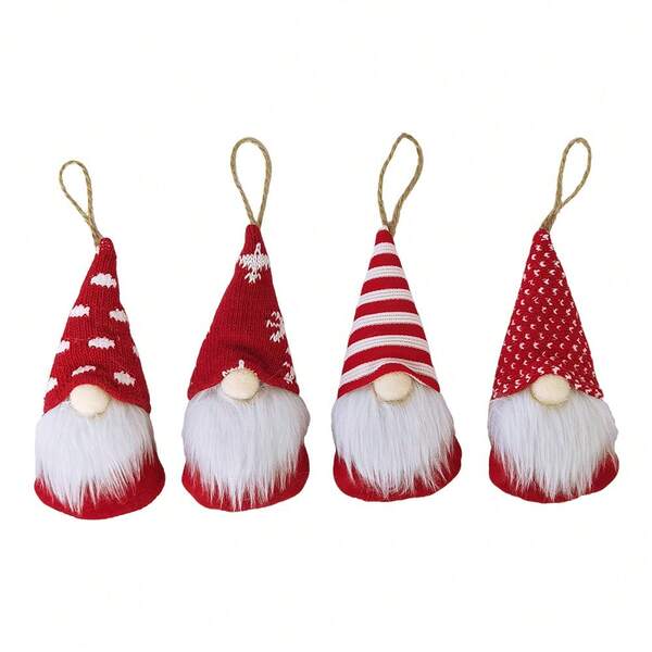 4er-Pack – Weihnachtsbaumschmuck – Plüschzwerg – Gesichtslose Puppe – Weihnachtsmütze – Kleines Geschenk zum Aufhängen am Fenster