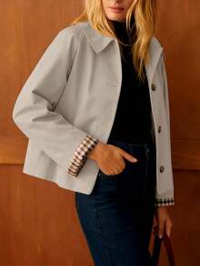 Womens Cropped Trench Coat Lightweight Single Breasted Jacket Fall Windbreaker Fashion Outerwear - Màu Khaki - Xem 7