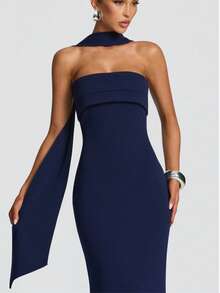 UNITHORSE Solid Color Elegant Asymmetric/Asymmetrical Zipper Ruffle Formal Evening Gown - Navy Blue - View 3