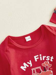 Baby Boy Valentines Day Outfit Tractor Heart Long Sleeve Romper Pants And Knotted Hat 3 Piece Set - 紅色 - 查看 4