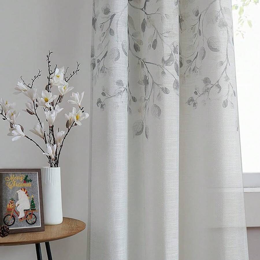 Floral Print Metallic Sheer Window Curtain Panel Rustic Living Room/Bedroom Decor 6 Grommets Top Drape Panels, Coral Red,40 X 84, 2 PK, Sparkling Farmhouse Style - 灰褐色 - 查看 1