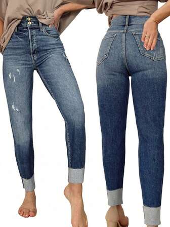 女式高腰弹力修身直筒牛仔裤，卷边设计，优雅波西米亚风格，适合通勤、旅行、街头服饰、全年穿着