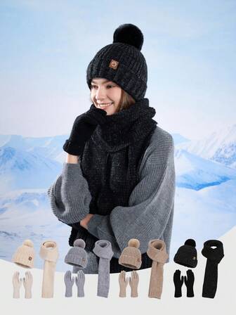 Women's KnittedKnittedl Hat & Scarf Set, Warm & Sparkly, Autumn/Winter Women's Knittedted Wool Hat, Scar3 Pieceses 3-Piece Set, Thermal Lined, Ear Warmer, Autumn/Winter