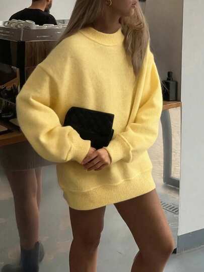 Autumn And Winter New Women's Knitted Pullover, Simple And Elegant Casual Style, Light Apricot Solid Colo Round Neck Long Sleeve Back To School Sweater