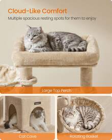 Feandrea Cat Tree Tower, Widened Perch For Large Cats, Camel Brown - Apricot - View 3
