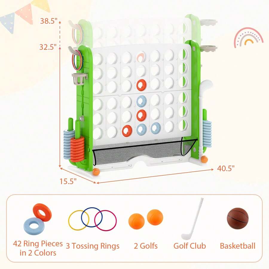Giant 4-In-A-Row Game Set W/Ring-Toss, Basketball Hoop, Golf Club & Cup Holders - Green - View 1