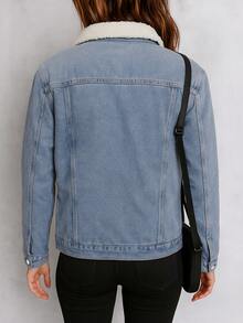 Women's Denim Jacket With Warm Lining, Elegant Ladies Style, Winter - Blue - View 8