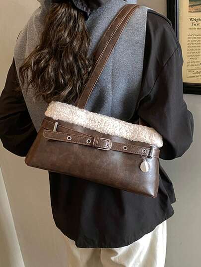 Women's Fashionable Autumn/Winter Contrast Color Fringe Design Shoulder Bag