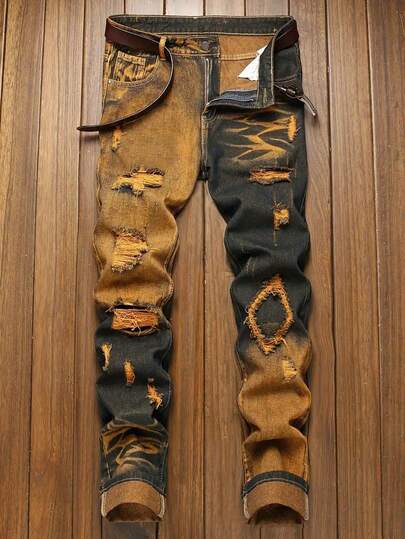 Plus Size Men's Fashionable Distressed Heavy Wash Denim Jeans