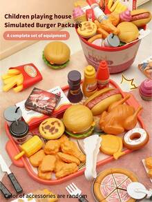 Kids Pretend Play Hamburger, Fries, Pizza Meal Toy Set, Baby Hands-On Interactive Cutting Toy Set, Suitable For Home Kitchen Role Play, Party (Accessories Color Random)