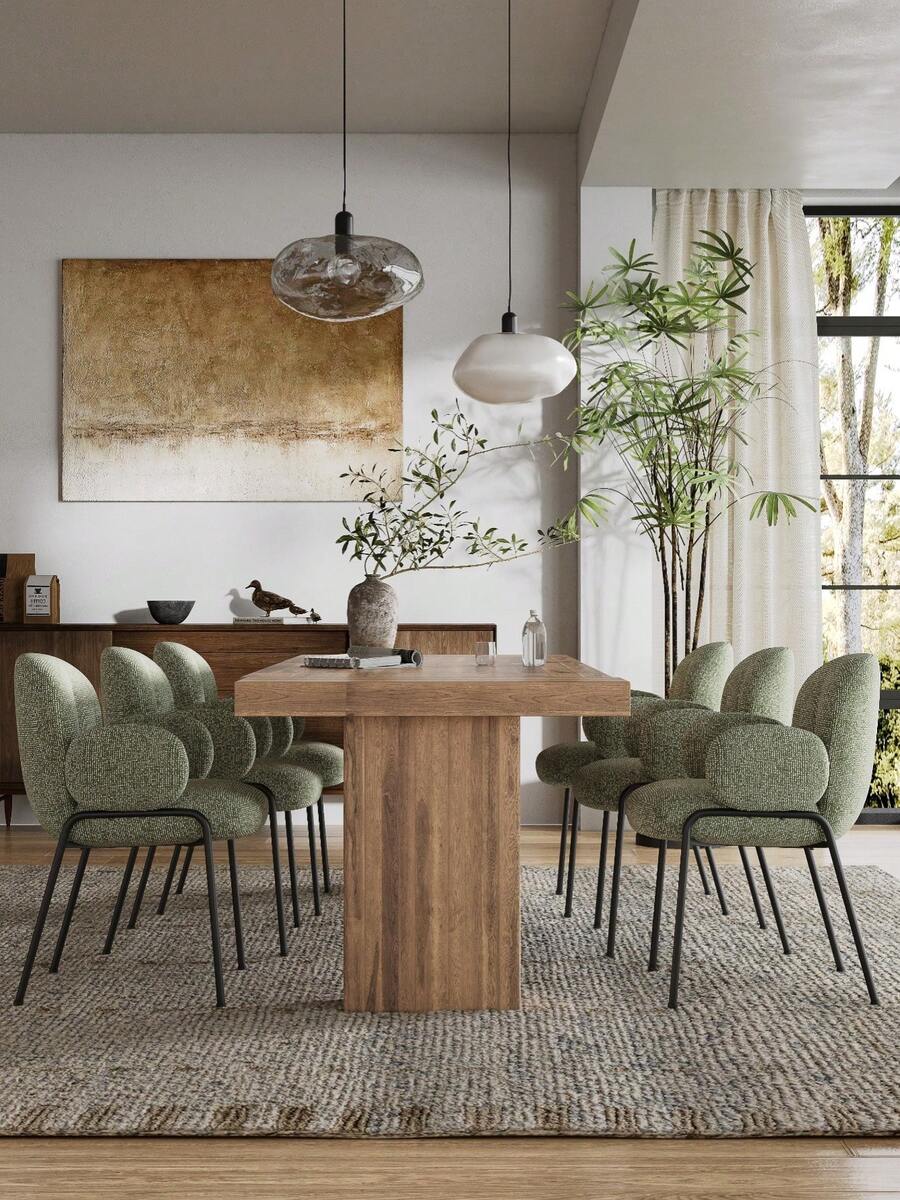 Goeurvant Modern Cloud-Style Wool-Linen Upholstered Dining Chairs With Rounded Arms And Wide-Back Support For Dining Room, Living Room, Office - Set Of 2 / Set Of 4 / Set Of 6 - Green/Textured Fabric - 綠色 - 查看 1