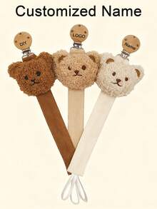 Personalized Wooden Pacifier Clip With Cartoon Bear Design, Customized Name - Multicolor - View 2