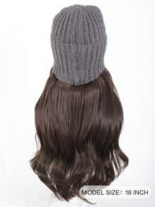 合成纤维针织帽假发，帽子接发，长款波浪卷灰色帽子假发，带合成发片，适合女性和女孩冬季佩戴 - 冷棕色/棕色/黑色