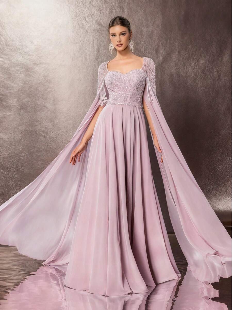DELLA COUTURE Elegant Pink Chiffon Sweetheart Neck Evening Gown For Women's Summer Parties Featuring Beaded Appliques Embellishments This Flowing And Refined Silhouette Offers An Elegant Form-Fitting Design With A Stunning Floor-Length Train Ideal For Parties Weddings - Baby Pink - View 1