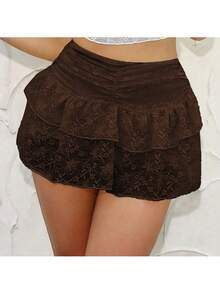 Women's Low-Waist Lace Ruffle Layered Pleated Cute Cake Skirt, Suitable For Parties, Shopping, And Gatherings Summer - Coffee Brown - View 8