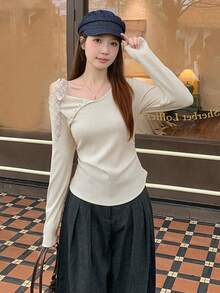 女士不对称蝴蝶结露肩修身针织毛衣 - 杏色 - 查看 6