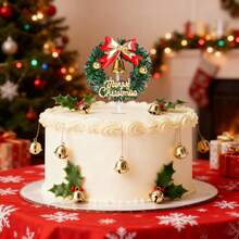 1 confezione di decorazioni per cupcake a forma di corona di Natale con fiocco, cerchio di erba verde, campanelle natalizie, stuzzicadenti per cupcake per festa di nascità, compleanno, Capodanno, Natale, decorazioni per torte e feste