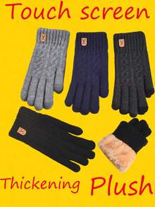 1 双男女童防风防寒加厚绒面保暖双层手套，冬季户外运动触屏绒面防寒羊毛针织滑雪手套（适合 8-16 岁儿童）