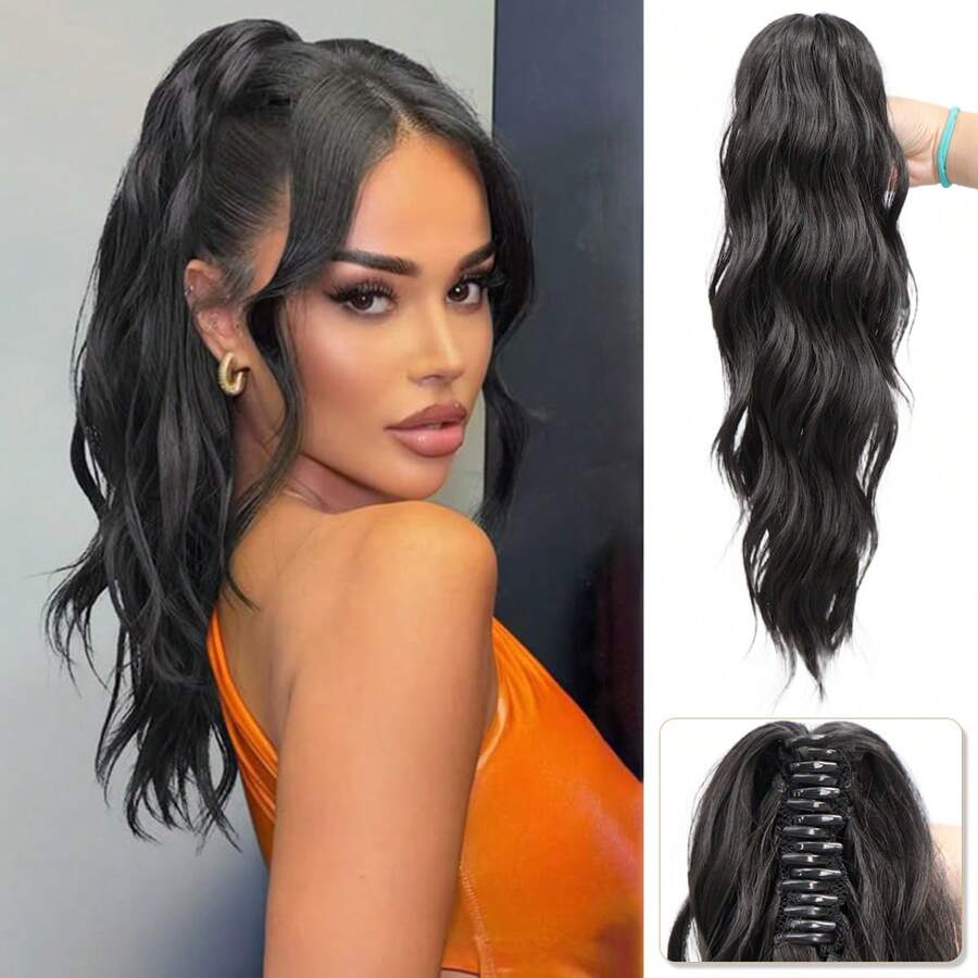 18英寸夹式马尾假发，西部风格 - 长款波浪水波纹假发，适用于拍照、日常佩戴和时尚造型