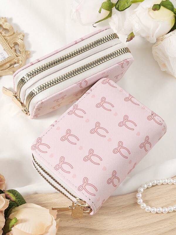 Bow Love Wallet,Women's Credit Card Wallet, Large Capacity Multi Card Holder, Double Zipper Card Holder,Fashion,Modern,Business,For Anniversary,For Christmas,On Valentine Day,For Birthday Gift,For Gift,For Lover For Women,For Girls,For Lady,For Female,Bag School Supplies For School Dorm Room & Back To School
