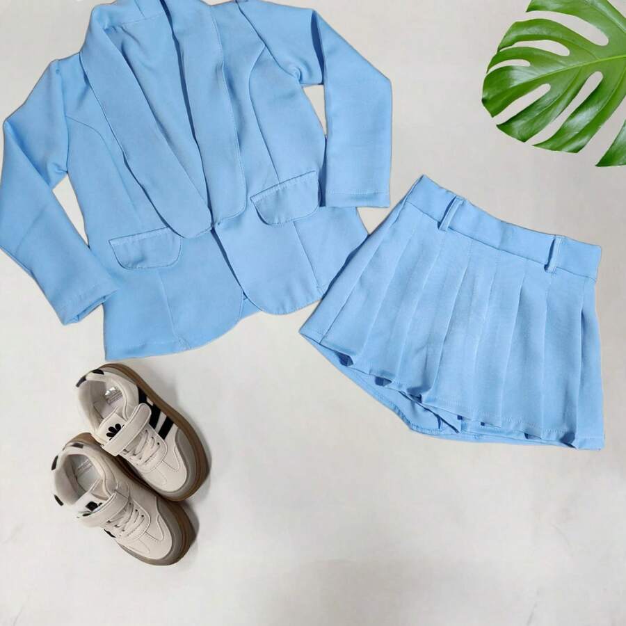SET OF SHORT SKIRT, PLEATED COLLEGE PLEATS, TAILORED BLAZER FOR CHILDREN, STYLISH BLOGGER - Blue - View 1
