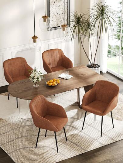 Goeurvant Contemporary Vertical-Stripe Upholstered Dining Chairs With Armrests & Metal Legs For Dining Room, Kitchen, Living Room - Set Of 2 / Set Of 4 / Set Of 6 - Brown