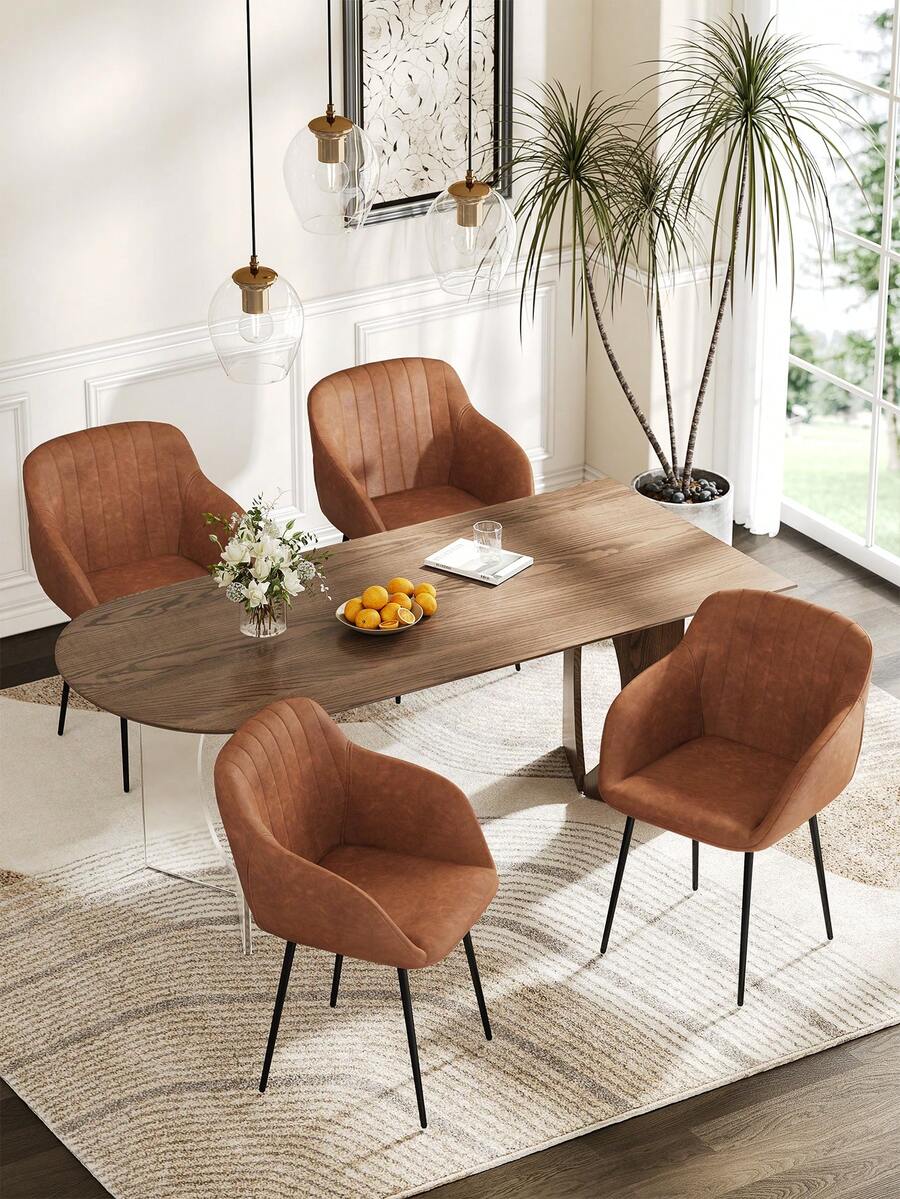 Goeurvant Contemporary Vertical-Stripe Upholstered Dining Chairs With Armrests & Metal Legs For Dining Room, Kitchen, Living Room - Set Of 2 / Set Of 4 / Set Of 6 - Brown - 棕色 - 查看 1