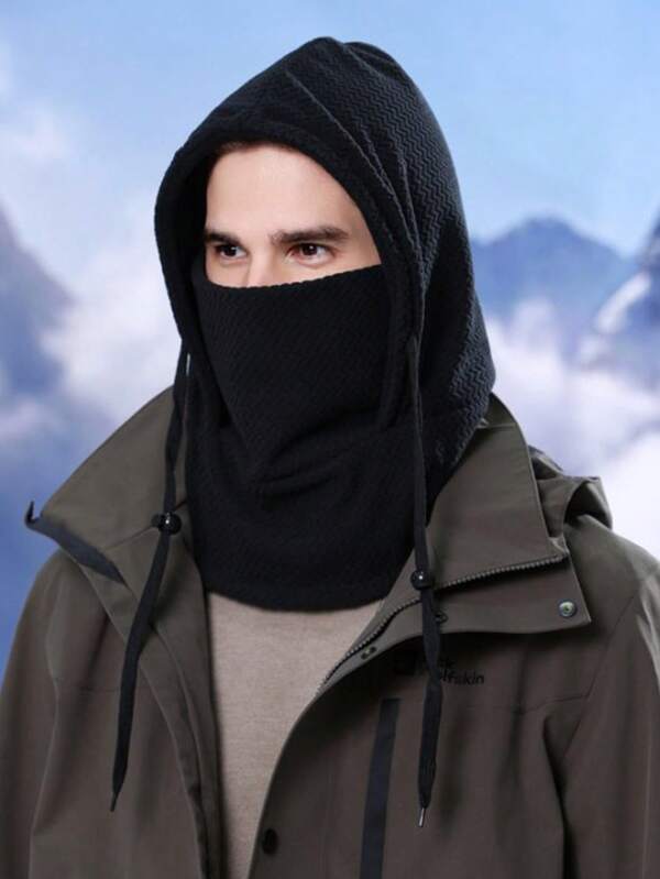 1pc Men's Autumn/Winter Ribbed Drawstring Balaclava Mask, Korean Style Versatile Simple Fashion Neck Warmer Ski Mask, Windproof Thermal Hat For Outdoor Sports, Suitable For Daily Wear