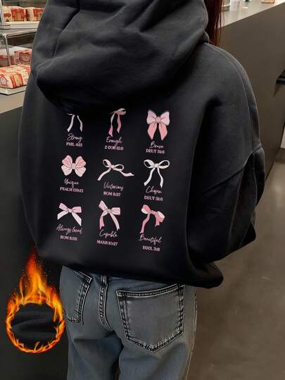 Women's Winter Bows And Slogan Graphic Long Sleeved Drawstring Hoodie With Pocket ,Casual Loose And Versatile Holiday Style Tops,Fashionable Winter Women Clothes Suitable For Daily Wear