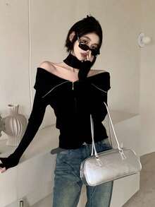 女士拉链开衫（不含围脖） - 黑色 - 查看 3