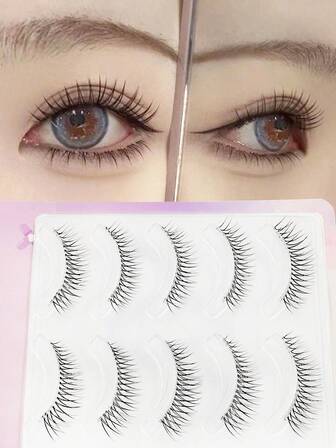 5对带尖尾的假睫毛，整片式，日式漫画风格，整簇透明睫毛杆，完整睫毛，锥形隐形透明睫毛杆，浓密睫毛