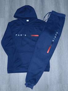 男士休闲卡通巴黎字母抽绳口袋连帽衫和抽绳运动裤套装（2件套）。万圣节、感恩节、圣诞节和新年礼物。